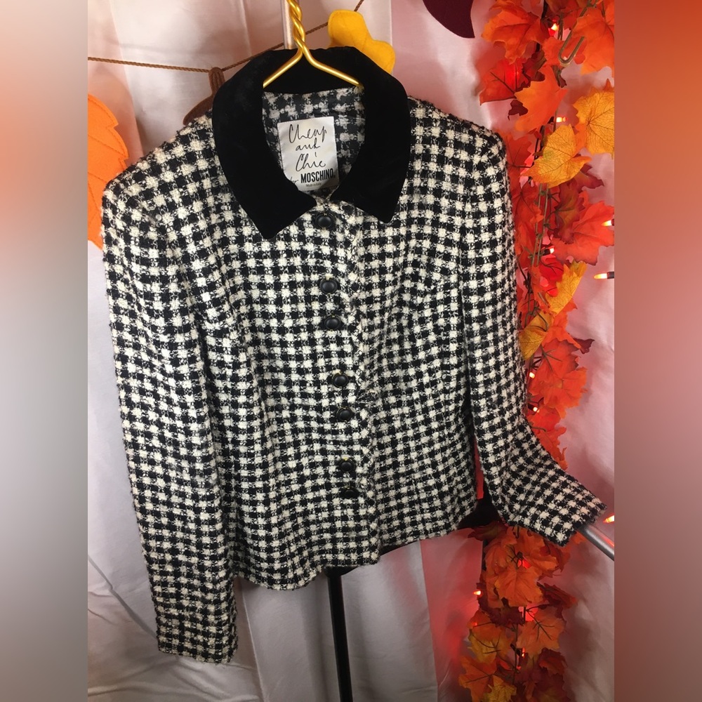 MOSCHINO | Women’s Black/White Buffalo Pattern Tweed Wool Jacket Coat